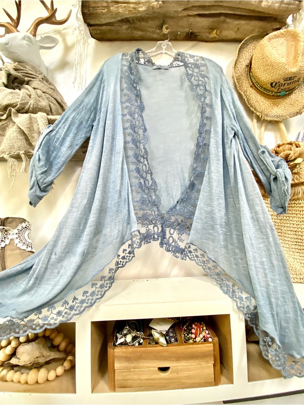 Rustic blue linen blend waterfall cardigan w lace detailing vacay vibe